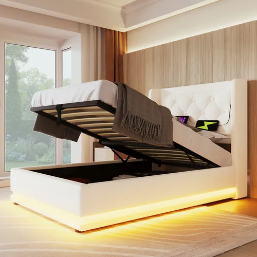 STILVORA Polsterbett 90x200cm mit Stauraum Jugendbett mit LED-Beleuchtung,gepolstertes Kopfteil mit USB Typ-C Ladefunktion,Weiß(Mit Matratze)