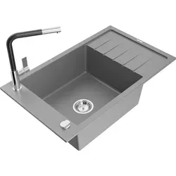 Mexen Elias Granitspüle 1 Becken mit Abtropffläche und Mischbatterie Flora, Grau