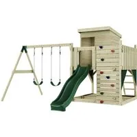 PolarPlay Spielturm Björn aus Holz in Grün mit Kinderschaukel - Schaukeln aus langlebigem Fichtenholz, sicher nach DIN EN 71. Ideal für ein optimales Spieleparadies im Garten mit einfacher Montage.