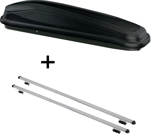Dachbox JUEASY300 + Dachträger RAPID für BMW X3 (E83) - Praktisches Set mit 300 Liter Dachbox und verstellbarem Dachträger für BMW X3 (E83) 04-10. Maximale Zuladung von 50 kg, ideal für bis zu 6 Skier oder 2 Snowboards. Einfach zu montieren und bietet zusätzlichen Stauraum.