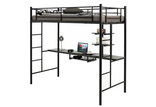COSTWAY Hochbett mit Schreibtisch und 2 Leitern – Robustes Etagenbett aus Metall (Schwarz) - Robustes Hochbett mit Schreibtisch und Stauraum für optimale Raumnutzung. Die stabile Stahlkonstruktion bietet Sicherheit und Langlebigkeit. Ideal für Kinderzimmer, Schlafsäle oder Wohnungen.