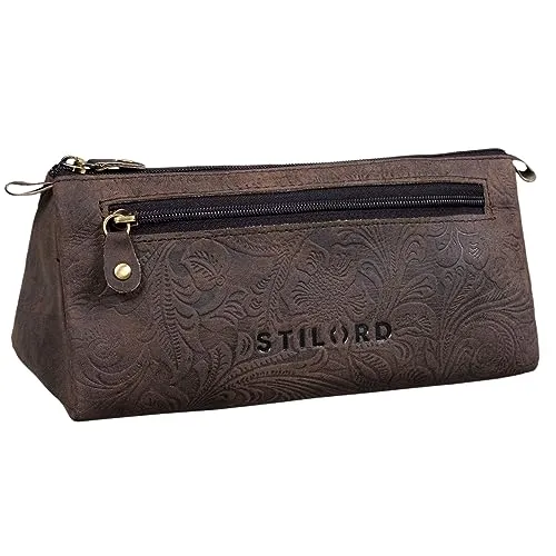 STILORD 'Alexis' Vintage Leder Etui Stiftemappe mit 2 Fächern und Reißverschluss Federtasche Federmäppchen Schlampermäppchen Echtes Leder, Farbe:Canyon - braun
