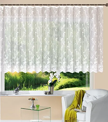 Gardine Store Jacquard Mainz HxB 145x450 cm Kräuselband Universalband Weiß Blumenmuster Transparent Vorhang Wohnzimmer, 13144