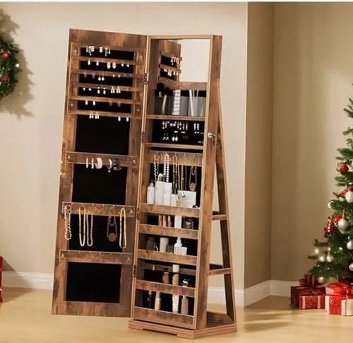 SogesHome Schmuckschrank mit Spiegel in voller Länge und 360° drehbarem Sockel, Standspiegel Abschließbare Schmuckschränke, Spiegel-Schmuck-Organizer Höhe 160 cm