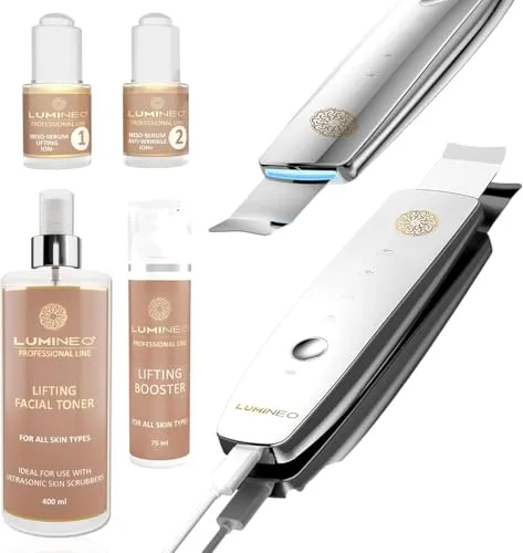 LUMINEO Lifting Ultraschallpeelinggerät 5 in 1, (ION- ION+), EMS, LED-Lichttherapie, Set mit professioneller Lifting-Kosmetik, Tiefenreinigung, Mitesser-Entfernung.