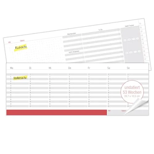 TOBJA Roter Tischkalender Wochenplaner undatiert – 53 Blatt für 1 Jahr – DIN Lang Querformat – Wochen Tischkalender Block mit Habit Tracker – Wochenplaner Schreibtisch für Schule, Büro & Business