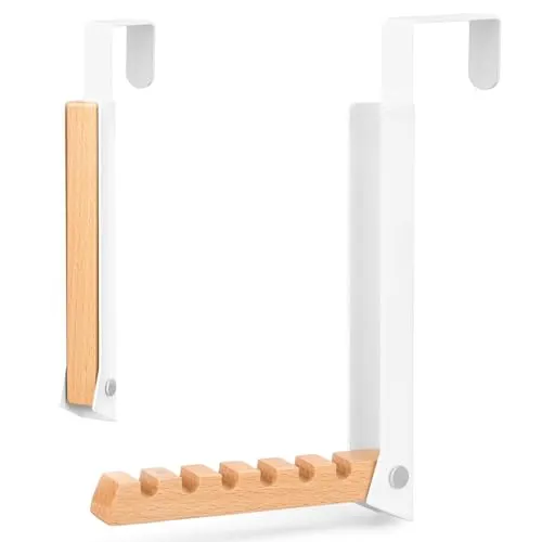 MXGHIR Türgarderobe zum Einhängen, Kleiderhaken Klappbar Tür Garderobe mit 6 Kleiderbügel, Metall & Holz Kleiderlüfter für Tür, Schlafzimmer, zum Einhängen Kleidung, Hüte, Taschen (Weiß)