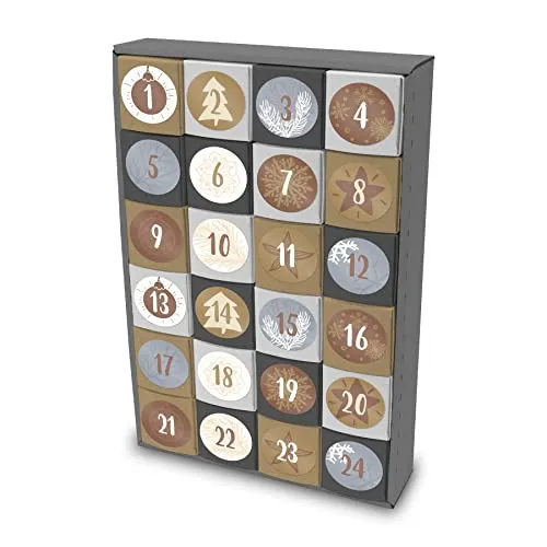 itenga SET Adventskalender zum Füllen Würfel 5cm (außen grau) + Sticker Z15 + V16 (grau, braun, weiß)