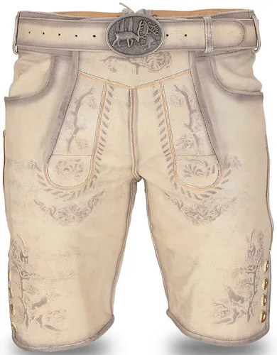 STEIGENHÖFER Lederhose Herren Tracht kurz - Franz - Vintage Trachtenhose - Trachtenlederhose aus 100% Rinds-Nubukleder, handgemacht mit einzigartiger Stickerei und rustikalen Knöpfen. Ideal für dein Oktoberfest Outfit, bietet optimalen Tragekomfort durch einen verstellbaren Gürtel.