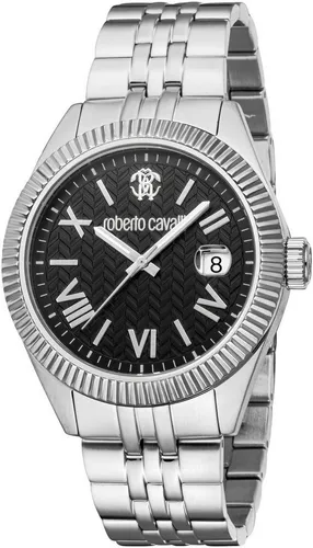 Roberto Cavalli Quarzuhr Uomo Classico III RC5G113M0055 - Elegante Herrenuhr mit silberfarbenem Edelstahlarmband, wasserdicht bis 10 bar und klassischem analogen Zifferblatt in Schwarz.