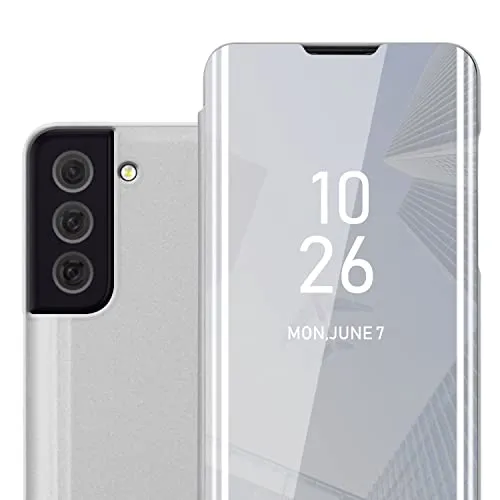 Cadorabo Hülle kompatibel mit Samsung Galaxy S22 Schutzhülle TPU Silikon Case 360 View Spiegel, Slim Kratzfest Weiche Gummi mit Rundumschutz Cover Hülle für Galaxy S22 in Silber