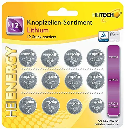 HEITECH 12er Pack Lithium Knopfzellen Batterie - 4× CR2032 / 4× CR2025 / 4× CR2016-3V Knopfbatterien auslaufsicher & mit Langer Haltbarkeit