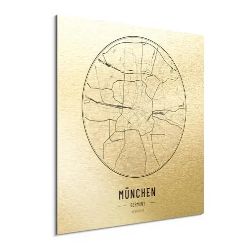 DEQORI Alu-Dibond Bild Stadtplan München gold gebürstet mit Druck | 30x30 cm | Aluminiumverbund – modernes Wandbild für Innen- & Außenbereiche mit starker Bildwirkung & leichter Montage