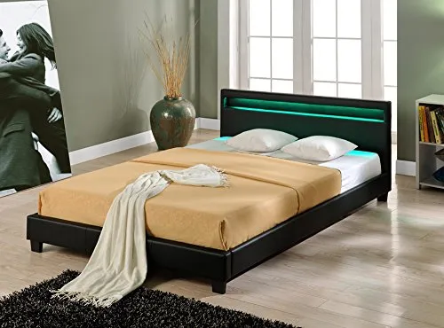 Corium LED Polsterbett Paris 140x200cm - Modisches Bettgestell aus Kunstleder mit gepolstertem Kopfteil und RGB LED Beleuchtung für stimmungsvolle Akzente im Schlafzimmer. Inklusive Lattenrost für optimalen Schlafkomfort.