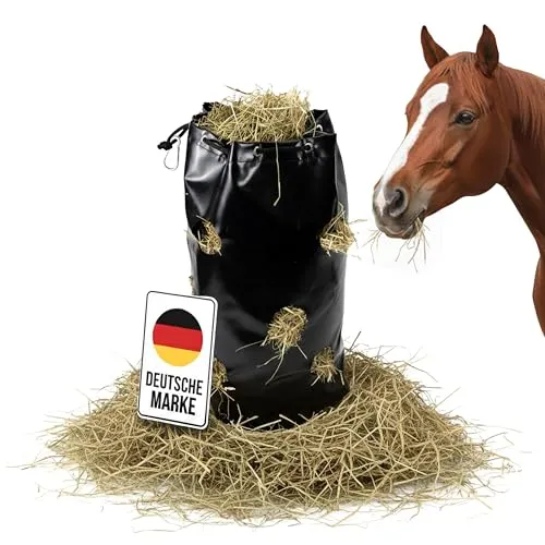 Dönges Haybag mit Karabiner Heubeutel Heunetz Heusack Heutasche Futterbeutel mit 8 cm Löchern Rauhfutterbehälter Beschäftigungssack Aufbewahrungsbeutel ca. 9 kg Füllmenge