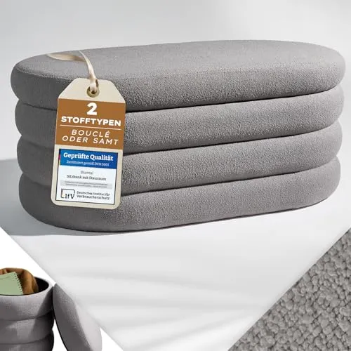 Blumtal Sitzbank mit Stauraum XL oval, Bouclé-Bezug - elegante Polsterbank für jedes Zuhause - Vielseitige Polsterbank mit großzügigem Stauraum unter dem gepolsterten Deckel. Ideal für Flur oder Schlafzimmer, bietet sie Komfort und Stil ohne Aufbau – belastbar und modern im Design.