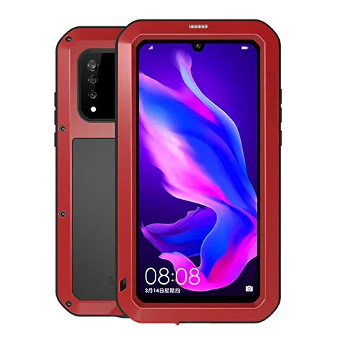 LOVE MEI Schutzhülle für Huawei P30 Lite, Powerful Hybrid Schutzhülle, wasserdicht, stoßfest, staubdicht, Metallhülle, Aluminium, Schutzhülle für Huawei P30 Lite mit Hartglas (rot)