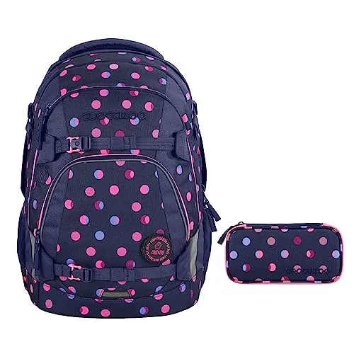 coocazoo MATE Schulrucksack-Set 2tlg inkl. Schlamperbox (Reflective Moons) - Schulranzen-Set für optimale Organisation mit 30 Litern Volumen. Ergonomisches Design und austauschbare Klett-Patches für individuellen Look. Sichtbarkeit durch große Reflektoren und LED-Befestigung für Sicherheit im Verkehr.