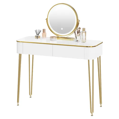 EUGAD Schminktisch mit LED-Beleuchtung und 2 Schubladen in Weiß/Gold