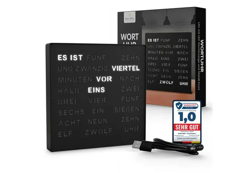 Bada Bing Uhr LED Wortuhr Tischuhr Wanduhr Uhr mit USB Kabel (Matt Schwarz)