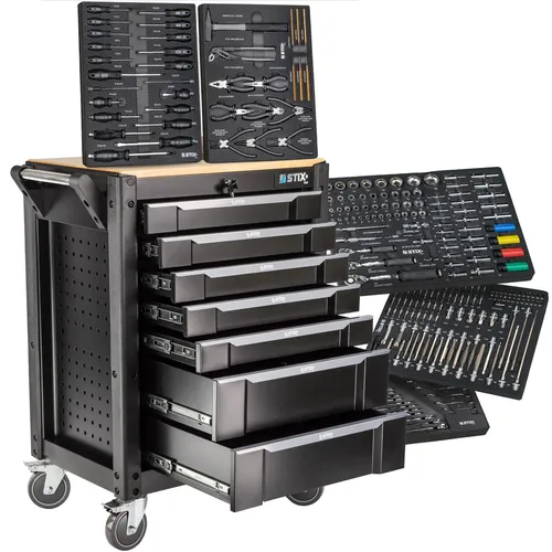 STIX Werkzeugwagen mit 7 Schubladen und 267-tlg. Werkzeugset - Werkstattwagen mit 7 Schubladen, ausgestattet mit 267 hochwertigen Werkzeugen – ideal für Profis und Hobby-Handwerker.