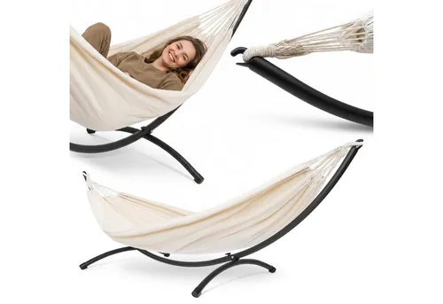 HyperMotion Hängematte mit Gestell Boho Beige Set - Das HyperMotion Hängematten-Set bietet eine komfortable Hängematte und ein stabiles Gestell für sofortige Entspannung im Freien. Flexibel aufstellbar und ohne Montage, ideal für Garten oder Terrasse.