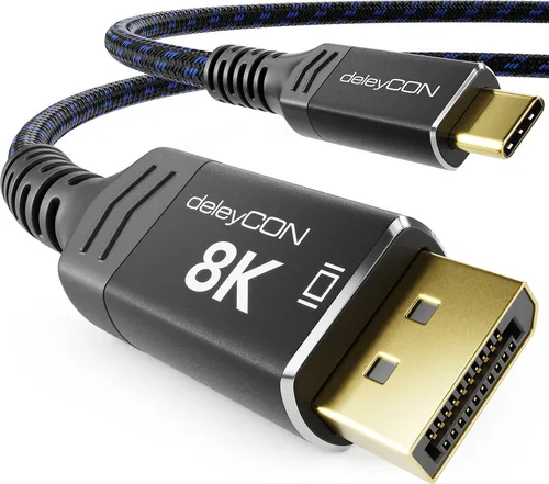 deleyCON 2m 8K USB-C auf DisplayPort 1.4 Kabel - 8K@60Hz 4K@120Hz mit Aluminiumstecker & Nylonkabel Kompatibel mit Thunderbolt 3/4 Handy Smartphone Tablet PC Computer uvm. - Schwarz Blau