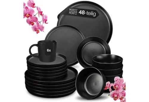 Moritz & Moritz Kombiservice NORDIC 48tlg Geschirrset Schwarz mit Tassen (48-tlg), 12 Personen, Steinzeug, Spülmaschinengeeignet