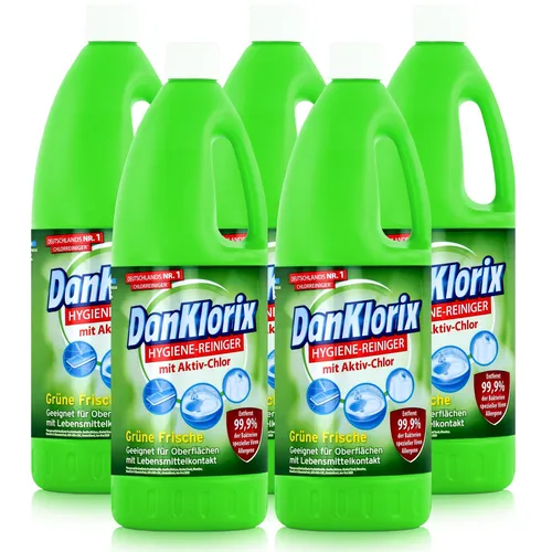DanKlorix Hygiene-Reiniger Grüne Frische 1,5L - 5er Pack - Der DanKlorix Hygiene-Reiniger Grüne Frische sorgt für gründliche Sauberkeit und hinterlässt einen angenehmen Duft. Ideal für alle Oberflächen, die mit Lebensmitteln in Kontakt kommen. Einfach in der Anwendung und effektiv für Ihr Zuhause.