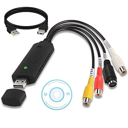 MEIRIYFA USB 2.0 Video Audio Capture Adapterkabel, VHS zu Digital Konverter, Video Grabber VHS VCR TV zu DVD Konverter Adapter für Windows PC