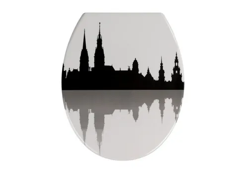 WC-Sitz Hamburg von WENKO - Hochwertiger WC-Sitz Hamburg mit Skyline-Design, Easy-Close Absenkautomatik und hygienischer 2-Knopf Fix-Clip Edelstahlbefestigung für einfache Montage und Reinigung, ideal für Zuhause und stark frequentierte Orte.