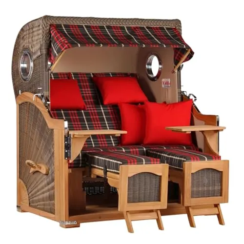 MR. DEKO® Strandkorb Düne Grande XL 2,5-Sitzer Teak | PE Geflecht Grey - Dessin 529 | Volllieger Strandstuhl mit Bullauge inkl. 2 Fußablagen | je 2 Kissen und Nackenkissen | Strandkörbe aus Teakholz