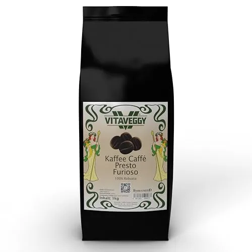 VITAVEGGY 100% ROBUSTA KAFFEEBOHNEN 1KG | PRESTO FURIOSO | intensiv geröstet in Deutschland | viel Koffein | Röst-Kaffee-Bohnen aus Kerala Indien | von Food-United | für starken Espresso (1)
