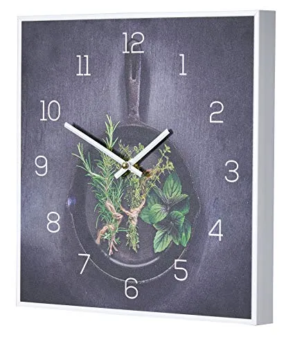 Levandeo® Wanduhr mit Kräuter Pfanne Motiv - Wanduhren in Premium-Qualität, 30x30cm, mit UV-Druck auf 5mm PVC, ideal als kreative Wanddeko für die Küche.