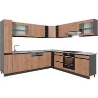 Vicco Winkelküche R-Line J-Shape, Goldkraft Eiche/Anthrazit, 257 x 277 cm - Küchenzeilen mit funktionellem Design und 17 Modulen für individuelle Gestaltung. Entdecken Sie Ordnung und Übersichtlichkeit in Ihrer Küche!