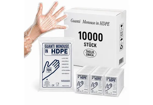 BURI Einweghandschuhe 10000 Stück - Hygienische PE-Handschuhe - 10000 flexible HDPE Einweghandschuhe in praktischer Einheitsgröße. Ideal für hygienische Anwendungen in Haushalt und Gewerbe. CE-zertifiziert und lebensmitteltauglich, bieten optimalen Schutz bei der Arbeit.
