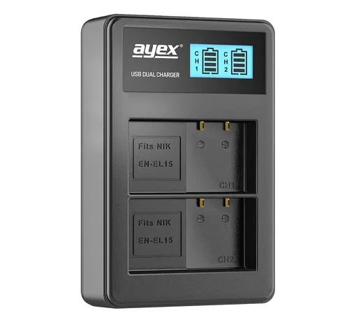 ayex USB Dual Charger Nikon EN-EL15 Ladegerät für Kamera-Akkus zB Z7 II Z6 II Z5