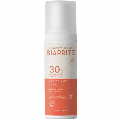 Laboratoires de Biarritz Sonnenmilch LSF30 Bio-zertifiziert - 100 ml - Bio-zertifizierte Sonnenmilch für Gesicht und Körper mit LSF30, schützt effektiv vor UV-Strahlung und ist ideal für empfindliche Haut. Leichte, cremige Textur für einfaches Auftragen und ein angenehmer Duft nach Kokos.
