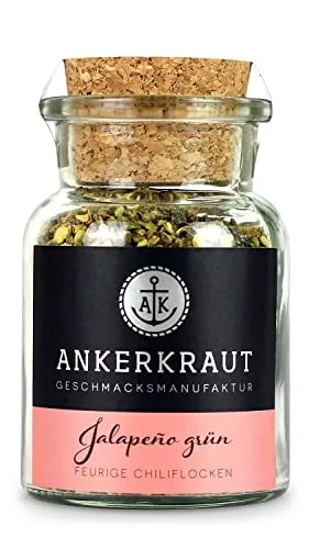 Ankerkraut Grüne Jalapeno, scharfe Chili, Chilis geschrotet, Finisher Scharf Würzen, Scharfes Essen Kochen, Highlight Chili con Carne, Fleisch, Kartoffeln, 45g im Korkenglas