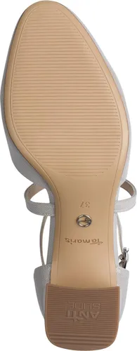 Tamaris Damen Pumps 1-22438-46 in Silber, Größe 42 EU - Elegante, offene Pumps mit gekreuzten Riemen und Blockabsatz (ca. 6,5 cm) für einen stilvollen Auftritt. Komfortables TOUCHit-Fußbett sorgt für perfekten Sitz.