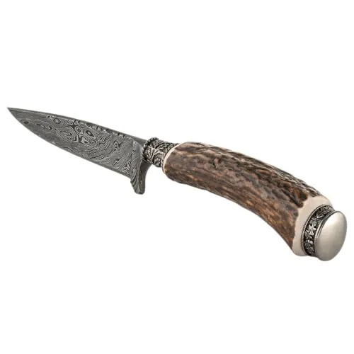 Holz-Leute Trachtenmesser, Jagdnicker, Jagdmesser, Hirschfänger für die Lederhose aus Hirschhorn mit Damastklinge 300 Lagen