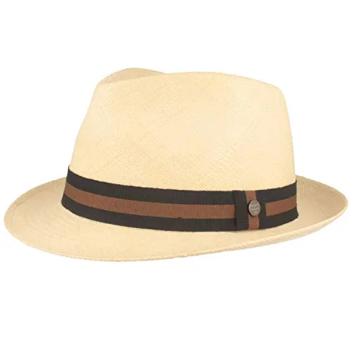 Breiter ORIGINAL Panama-Hut | Stroh-Hut | Sommer-Hut aus Ecuador – Schmaler Trilby - Handgeflochten, UV-Schutz, Bruchschutz - Natur (blau-braunes BD), L