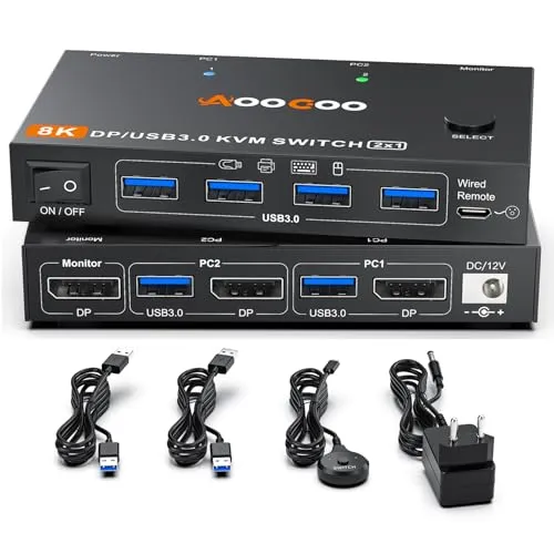 KVM Switch 2 PC 1 Monitore 8K@60Hz/4K@240Hz DP1.4 KVM Switches,2 in 1 out Displayport KVM mit Netzteil und USB3.0-Kabel im Lieferumfang enthalten