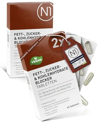 N1 Fettblocker + Zucker & Kohlenhydrate-Blocker Medizinprodukt zur Behandlung & Vorbeugung von Übergewicht - Diät, abnehmen Tabletten schnell, 90 Tabletten