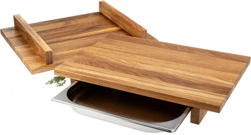 Holz Frank Schneidebrett aus geölter Eiche mit Edelstahl-Auffangschale - Elegantes Schneidebrett 45 x 25 cm aus nachhaltiger Eiche, inklusive praktischer Edelstahl-Auffangschale für ein sauberes Arbeiten in jeder Küche.