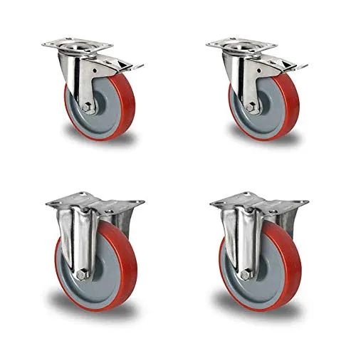 der ROLLENDE SHOP - Rollensatz 2 Lenkrollen mit Bremse und 2 Bockrollen 80 mm Durchmesser Polyurethan rot