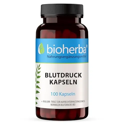 Blutdruck-Formel mit Kalium – BIOHERBA 100 Kapseln - Pflanzliches Ergänzungsmittel mit Weißdorn- & Weinreben-Extrakt, unterstützt normalen Blutdruck und Muskelfunktion, rein und ohne Zusatzstoffe.