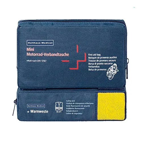 Holthaus Medical mini COMBI Motorrad Verbandtasche Erste-Hilfe-Tasche, 17x10x3,5cm, DIN 13 167 u. Warnweste