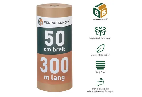 BB-Verpackungen Packpapier Natronmischpapier 150 qm, 3 Stück, 0,5 x 300 m - Reißfestes Kraftpapier in Braun, ideal für umweltbewusste Verpackungen. Perfekt für den sicheren Versand und vielseitig einsetzbar in Verpackungsmaterialien.
