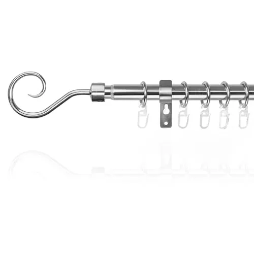 Lichtblick Gardinenstange Kringel, 16 mm, ausziehbar, 1 läufig, 130-240 cm Länge, inklusive Wandhalter und Ringe mit Faltenleghaken Edelstahloptik